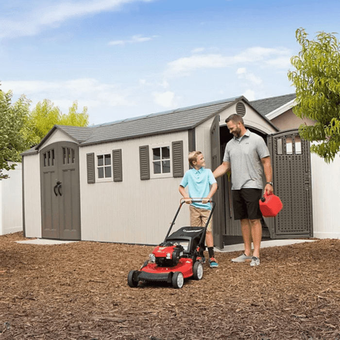 Lifetime 8′ x 17.5′ Outdoor Storage Shed Dual Entry, Tan - Image 2
