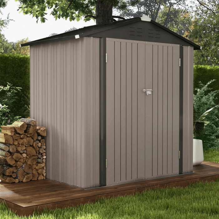 6 ft. W x 4 ft. D Outdoor Storage Brown Metal Shed with Sloping Roof and Double Lockable Door (24.8 sq. ft.) - Image 4