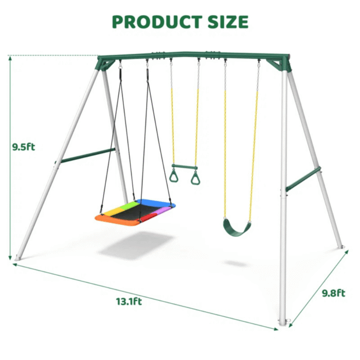 9.5′ Heavy Duty Metal Swing Set with Belt Swing, Trapeze Bar - Image 1