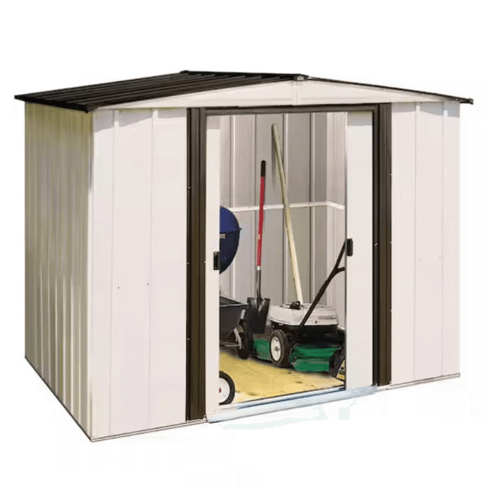 Newport 8 ft. W x 6 ft. D 2-Tone Eggshell and Coffee Galvanized Metal Shed with Sliding Lockable Doors (43 sq. ft.) - Image 1