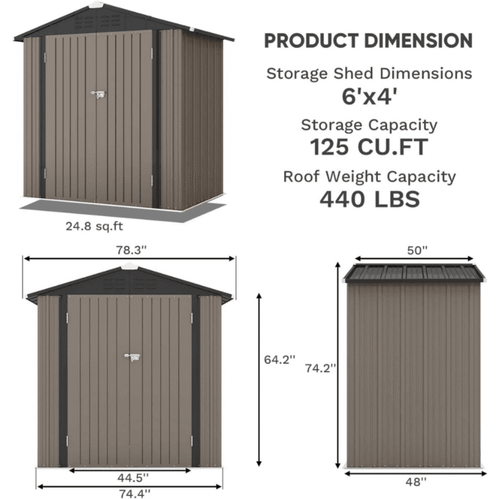 6 ft. W x 4 ft. D Outdoor Storage Brown Metal Shed with Sloping Roof and Double Lockable Door (24.8 sq. ft.) - Image 7