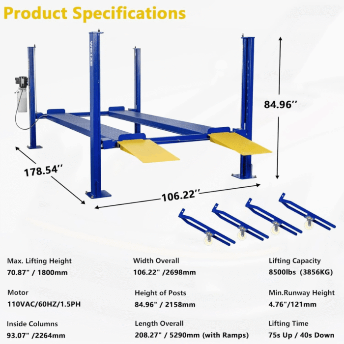WEIZE 8500lbs 4 Post Car Lift with Caster Kits, Auto Car Storage Lift for Home Parking Garage – PLA-1030 - Image 7