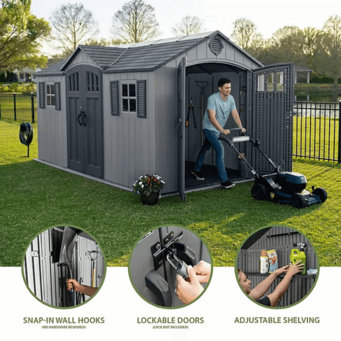Lifetime 15′ x 8′ Dual Entry Outdoor Storage Shed, Gray - Image 9