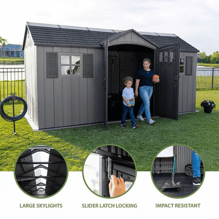 Lifetime 15′ x 8′ Dual Entry Outdoor Storage Shed, Gray - Image 10