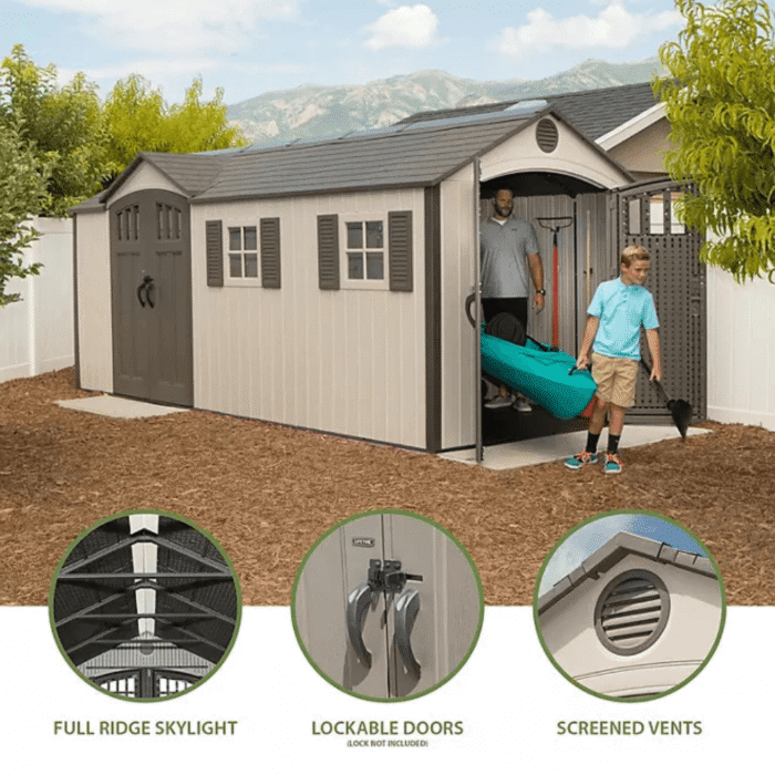 Lifetime 8′ x 17.5′ Outdoor Storage Shed Dual Entry, Tan - Image 9
