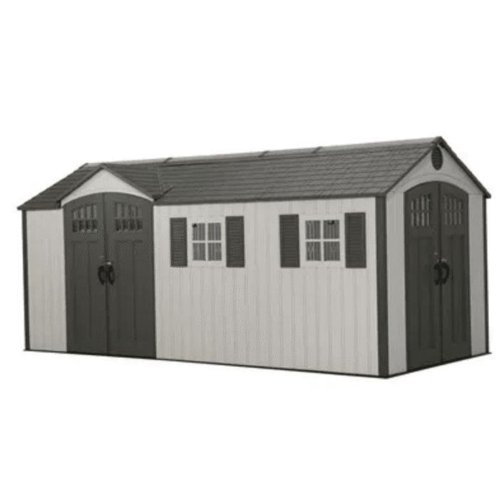 Lifetime 8′ x 17.5′ Outdoor Storage Shed Dual Entry, Tan - Image 1
