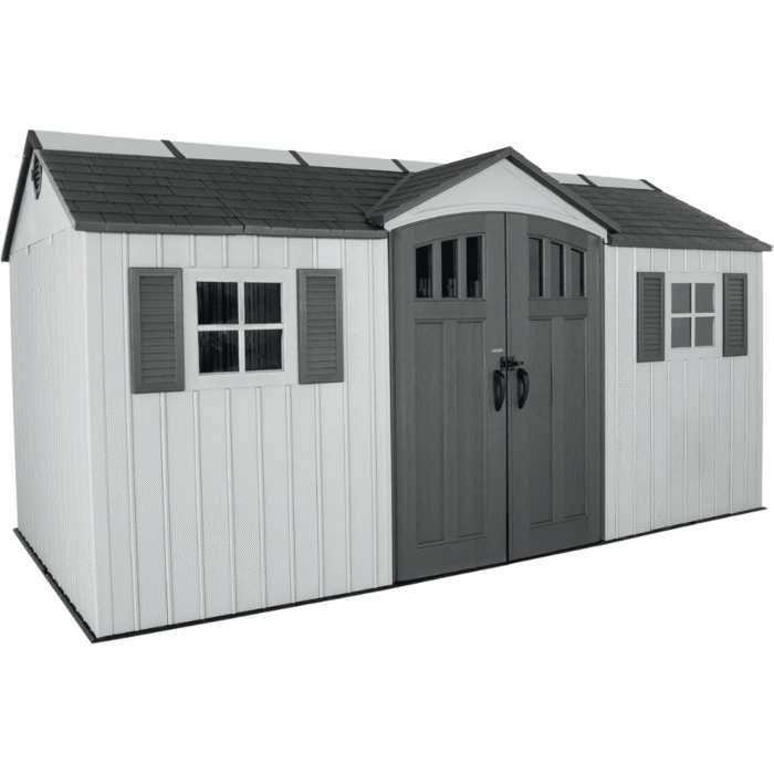Lifetime 15′ x 8′ Dual Entry Outdoor Storage Shed, Gray - Image 1