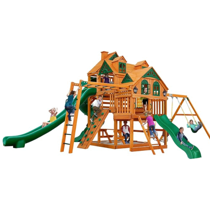 Gorilla Playsets Empire Extreme Wooden Swing Set with Monkey Bars, Clatter Bridge, Tower, and 3 Slides - Image 1