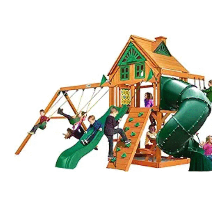 Gorilla Playsets Mountaineer Treehouse Wooden Swing Set with Tube Slide, Rope Ladder, and Sandbox - Image 1