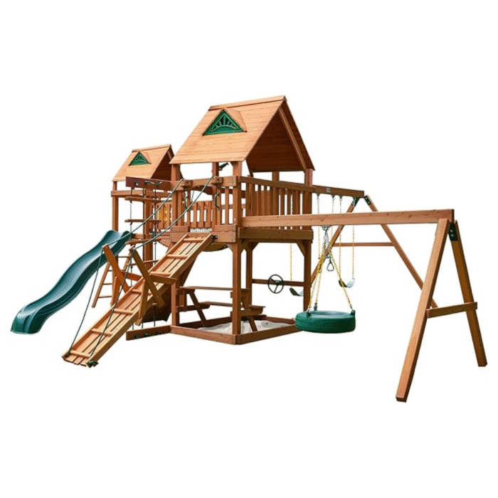 Gorilla Playsets Pioneer Peak Treehouse Wooden Swing Set with Tire Swing, and Clatter Bridge and Tower - Image 1