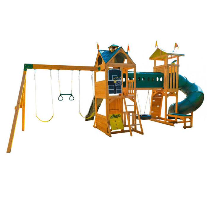 KidKraft Mockingbird View Wooden Swing Set / Playset with Tower, Hoop, Tunnel, and Tire Swing - Image 1